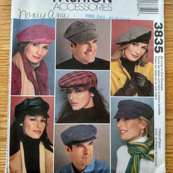 Vintage Hat Sewing Pattern Beret Newsboy Fisherman Driving Caps McCall's 3835 UC - Picture 2 of 11
